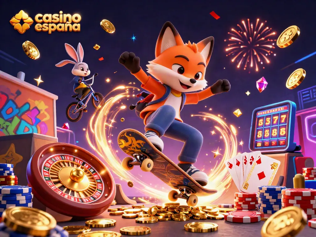 Disfruta de un emocionante kickflip en el casino España online con monedas doradas y símbolos de juego.