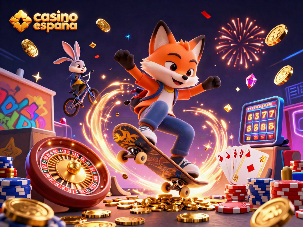 Disfruta de un emocionante kickflip en el casino España online con monedas doradas y símbolos de juego.