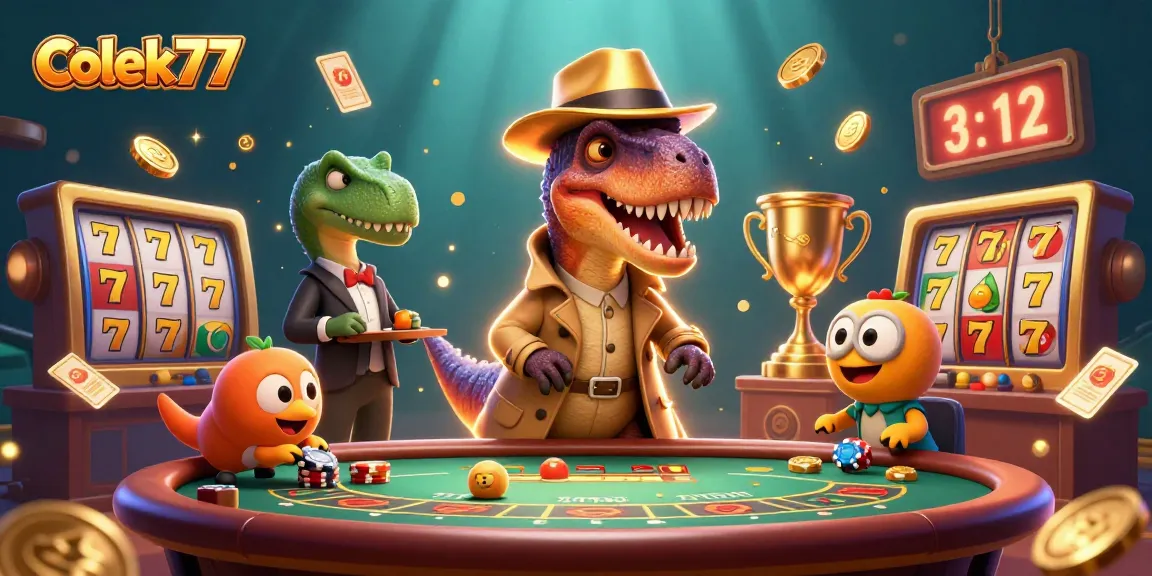 Experience the excitement of colek77 with a velociraptor card counter at a blackjack table, surrounded by slot games.