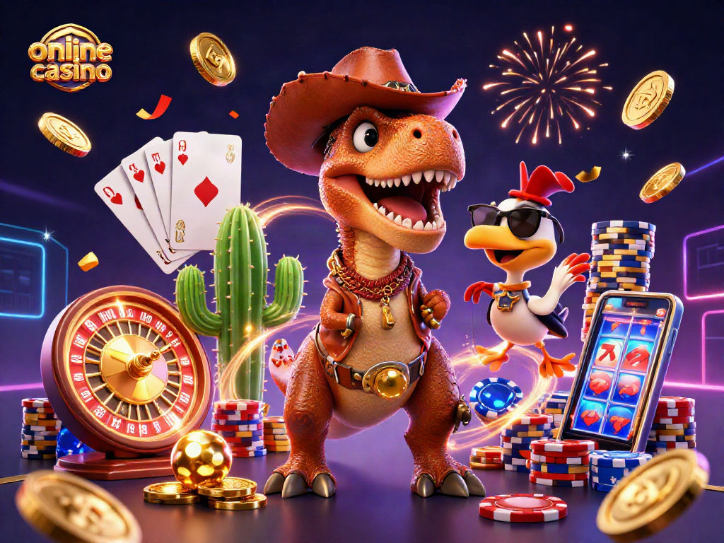 Casino online: divertidos personajes en una escena vibrante de juego con tragamonedas y ricos premios.