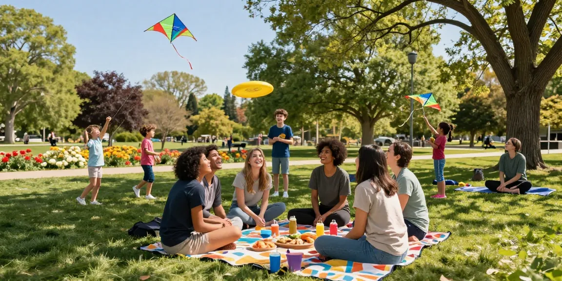 Motchill community gathering in a sunny park with friends enjoying a picnic and outdoor activities.