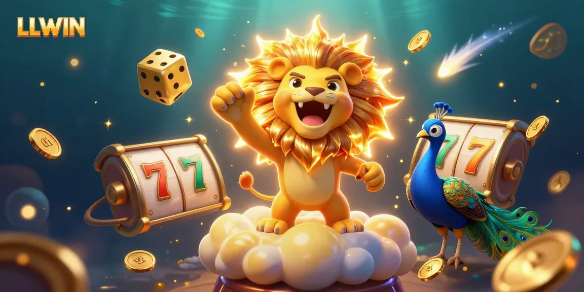 Experience the thrill of LLWIN with exciting slot reels, golden dice, and a vibrant casino atmosphere.