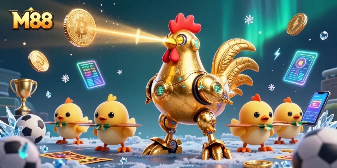 Interact with M88's sports betting scene featuring neon coins and a golden rooster robot.