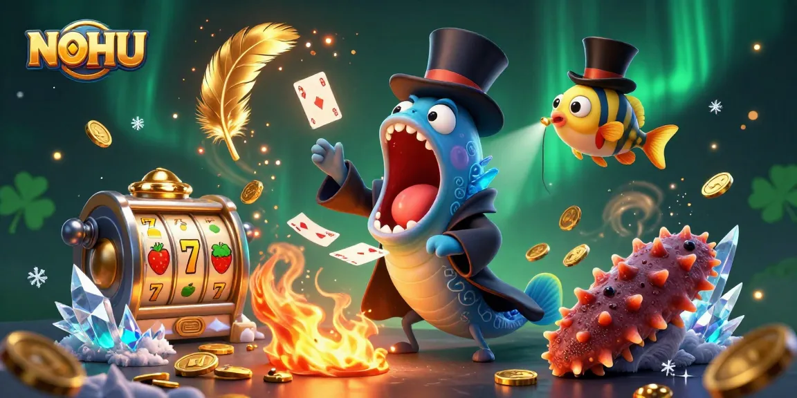 NOHU-themed illustration depicting a lively casino scene with bioluminescent sea creatures engaging in a card magic act.