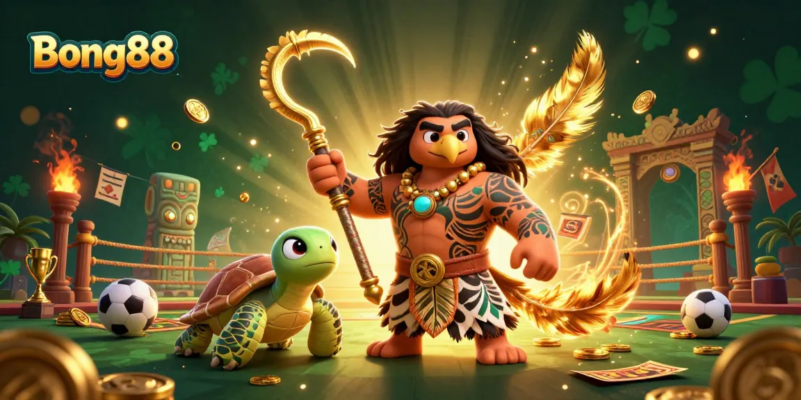 Bong88 sports betting scene featuring a demigod hawk, turtle, and glowing tiki statues in a vibrant arena.
