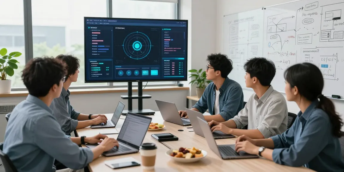 Team of engineers discussing AI Detector technologies in a modern workspace.
