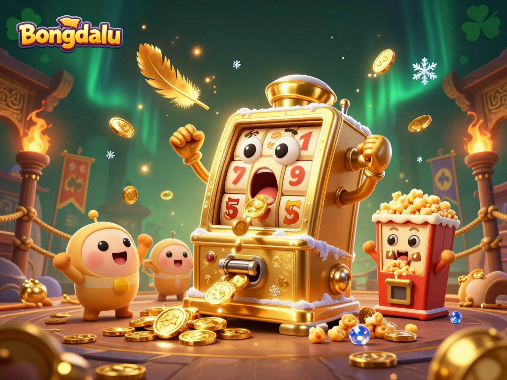 Bongdalu's golden slot machine hits a jackpot, surrounded by cheering baby slots, depicting vibrant casino excitement.