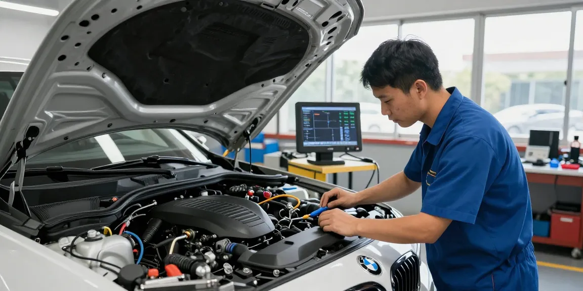 Professionelle BMW Werkstatt Hannover mit Mechaniker, der Motor prüft.
