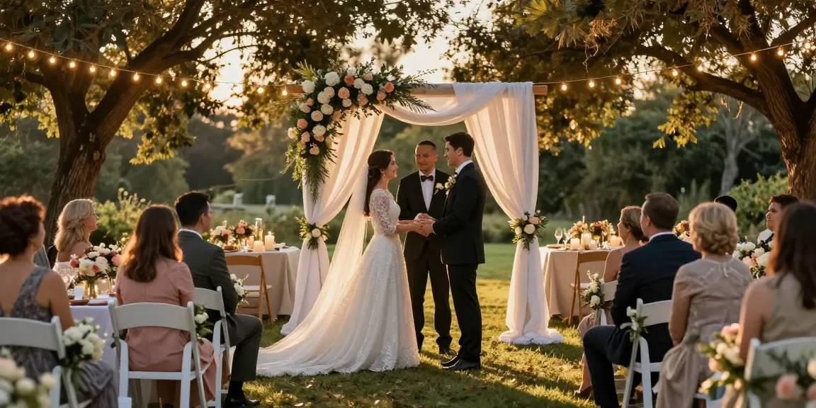 Event rentals for outdoor weddings with elegant decor and joyful ambiance.