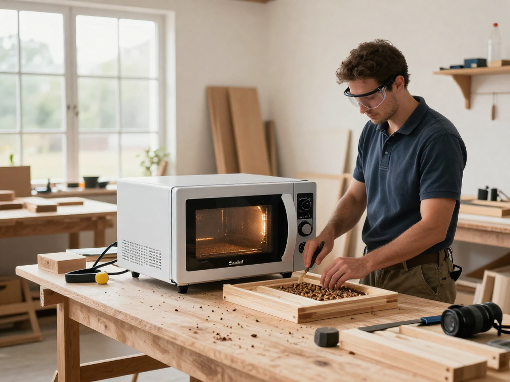 Shashel microwave equipment effectively eliminating wood-boring beetles in a modern workshop.