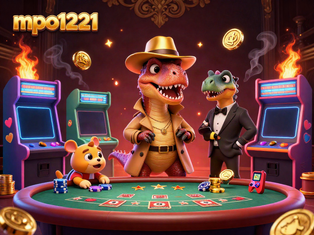 Engage with mpo1221 at a blackjack table with a velociraptor and stegosaurus in this vibrant casino scene.