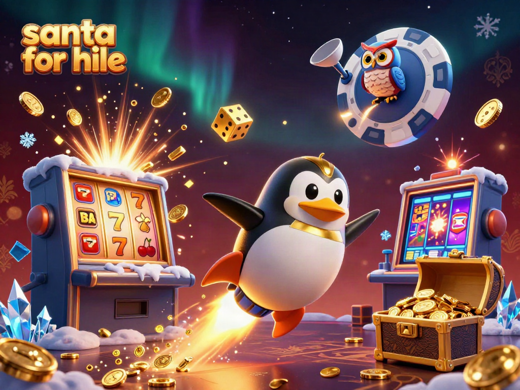 Santa for hire showcased in a vibrant casino space, surrounded by slot machine explosions and festive elements