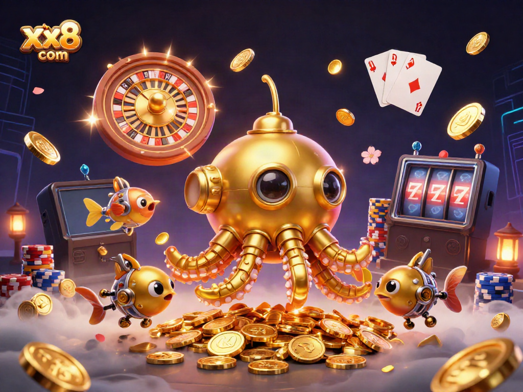 Experience thrilling wins at xx8 com with a vibrant and dynamic casino scene featuring a golden kraken and rich game elements