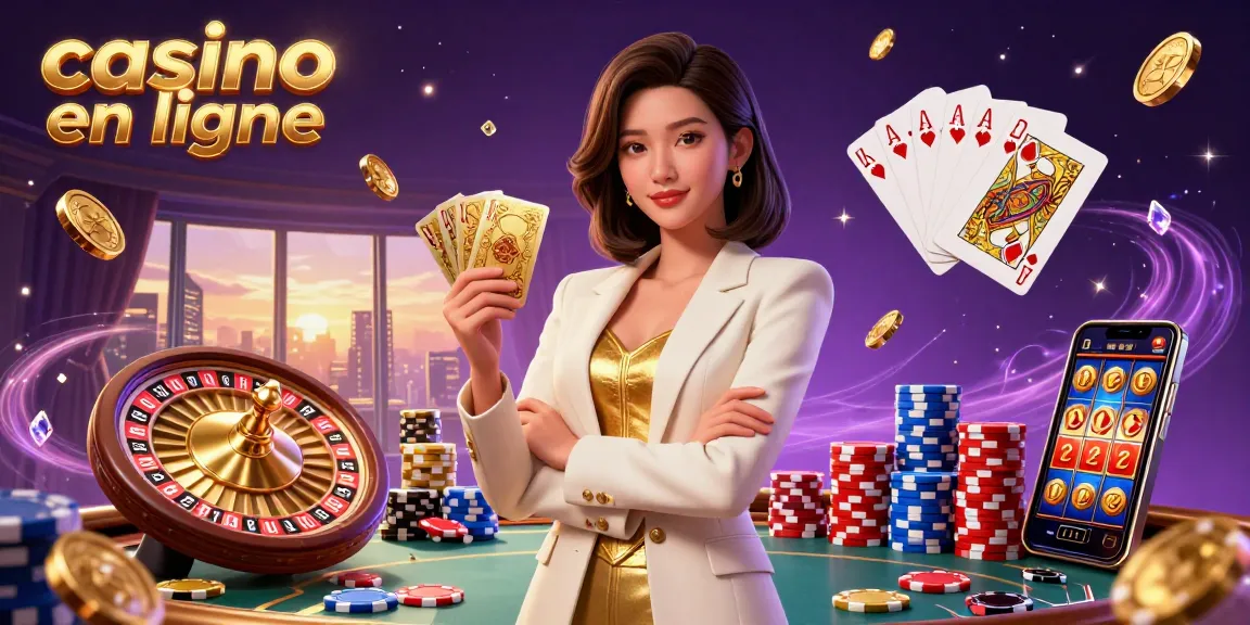Vivez une action palpitante de casino en ligne avec une femme confiante tenant des cartes dorées au milieu d'éléments de jeu vibrants.