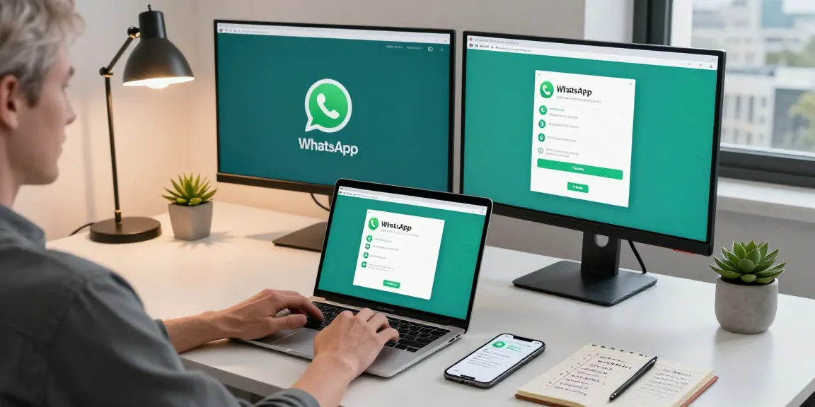 Engaging workspace scene using WhatsApp網頁版, showcasing productivity with laptop and smartphone.