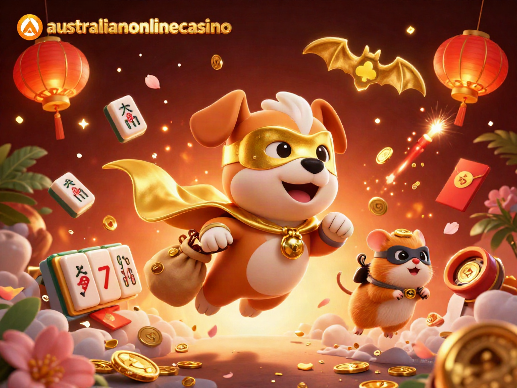 Join the adventure with this heroic scene showcasing a 3D cartoon superhero dog and hamster, embodying the spirit of australianonlinecasino.