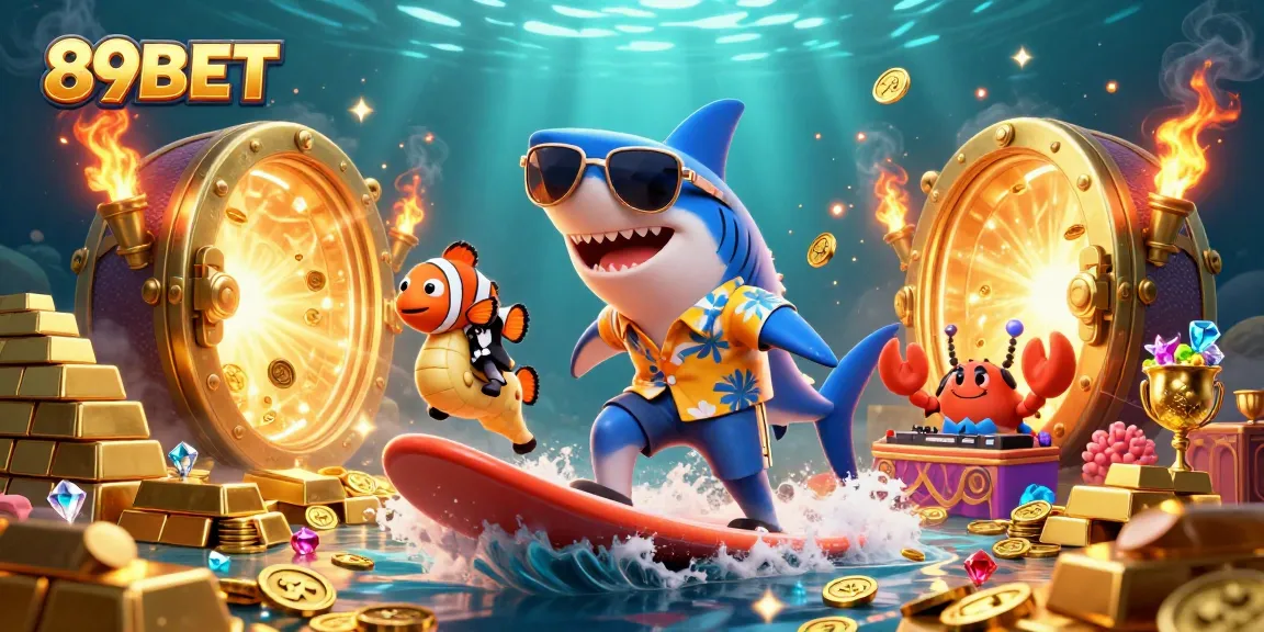 Surf 89BET's thrilling underwater adventure with a hammer-head shark and treasures.
