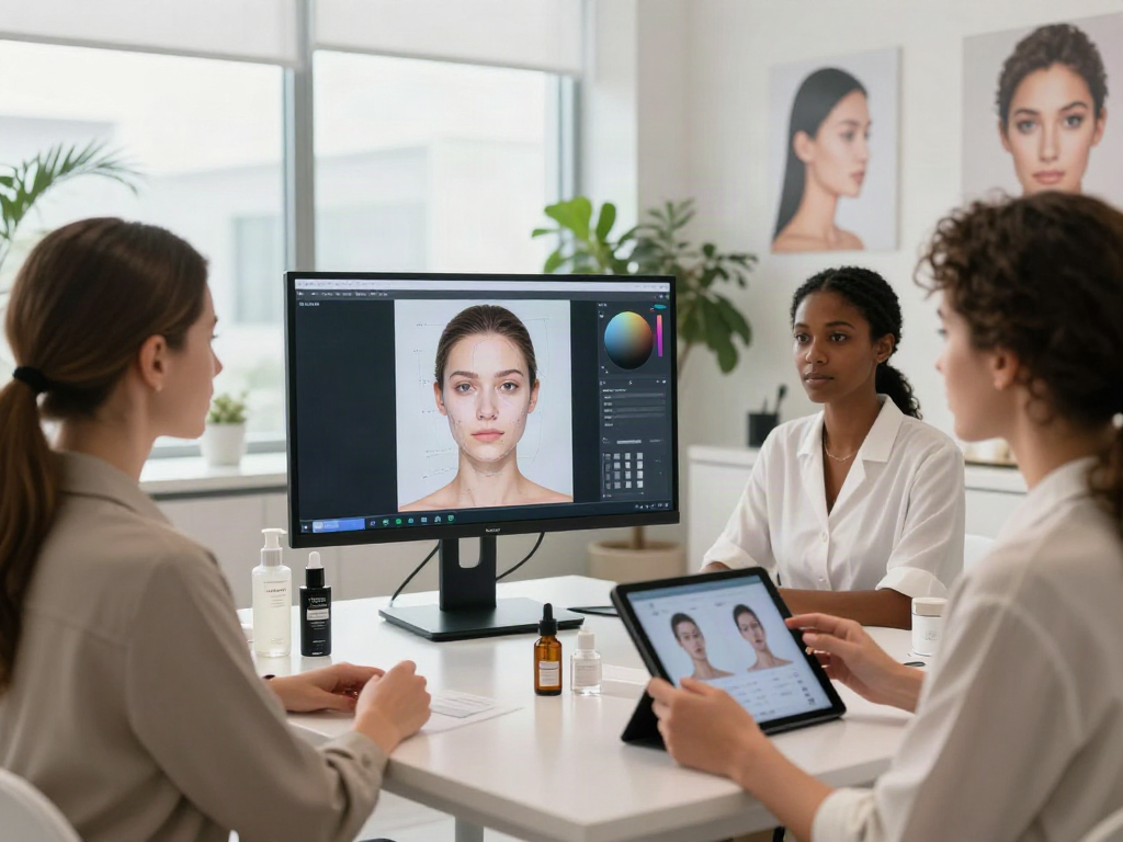 ClinicEvo better than QOVES facial analysis demonstration in a modern beauty studio.