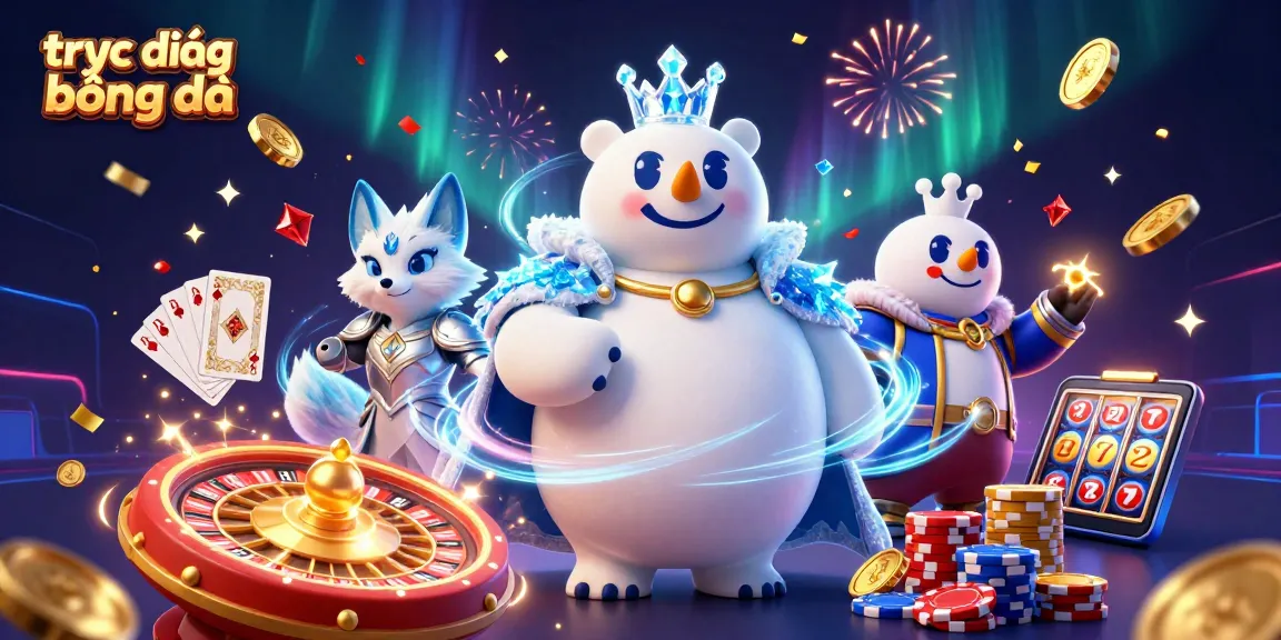 Experience trực tiếp bóng đá with vibrant illustrations of a polar bear and snow fox in a dynamic casino scene.