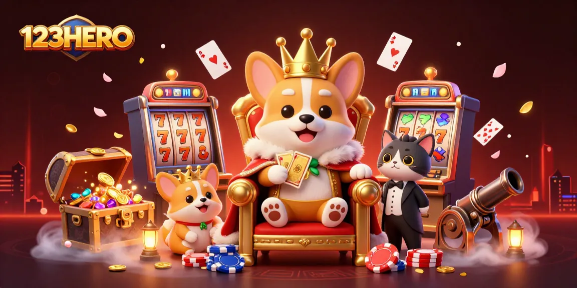 Engage with exciting slot games at 123HERO featuring a playful royal corgi and dynamic casino elements.