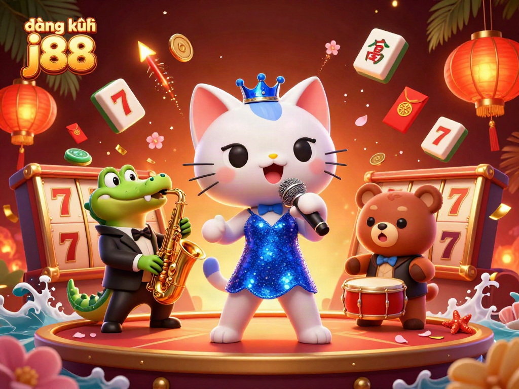 Engaging 3D scene with a cat singing on stage, celebrating đăng ký j88 offers at the casino