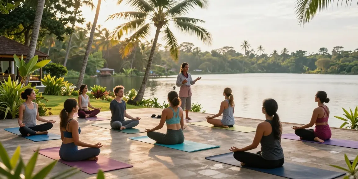 Students participating in the 200hr yoga teacher training Sri Lanka, practicing asanas on a beautiful lakeside deck amidst lush greenery.