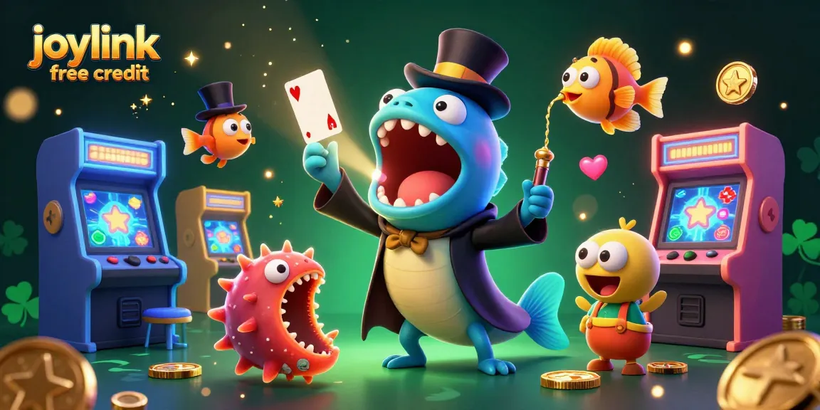 Engage with joylink free credit for slots, featuring a magician eel and anglerfish in a vibrant casino scene.