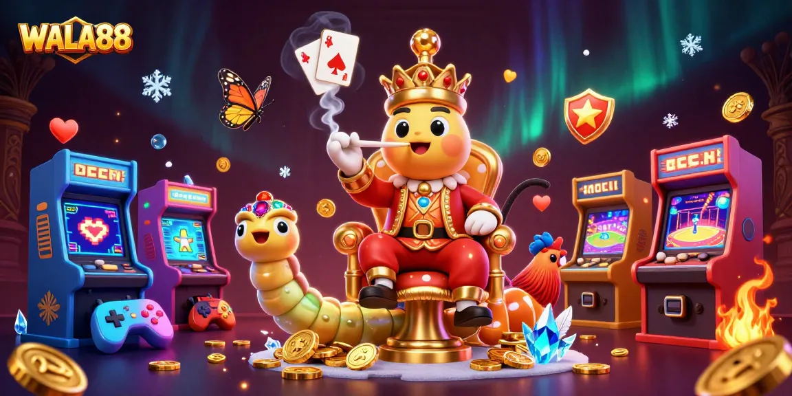 WALA88 captivates with a lively 3D illustration showcasing cockfighting action and vibrant casino elements.