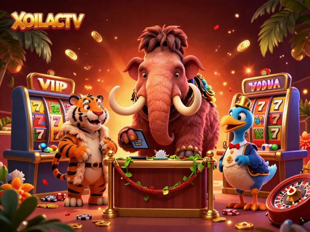 Experience thrilling gaming with XOILACTV, featuring a bouncer, VIP guest, and a doorman in a vibrant casino setting.
