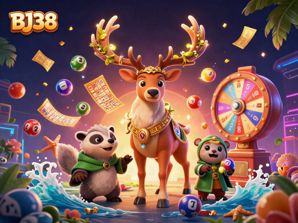 Experience excitement at BJ38 with vibrant lottery balls, a Celtic druid stag, and a wise badger in a dynamic casino scene.
