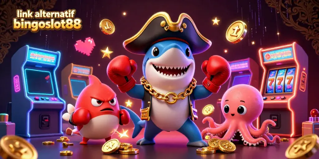Gambarkan suasana menarik dengan link alternatif bingoslot88 yang menampilkan karakter kartun kasino ceria.