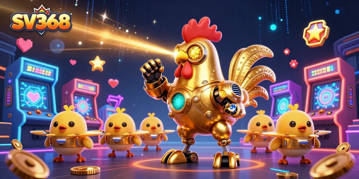 Engage with SV368's thrilling animation showcasing a golden rooster robot and chick drones in a digital casino jungle.