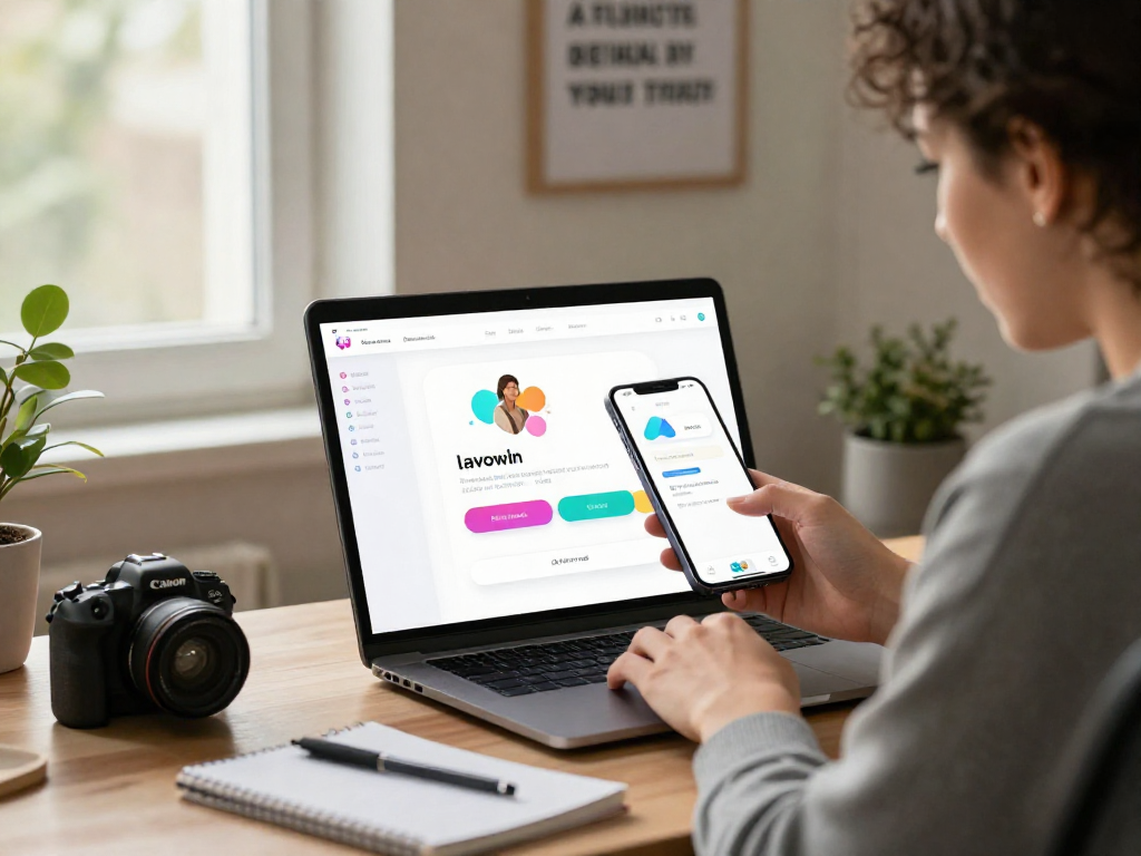 Accessing lavowin login on a smartphone in a stylish workspace.