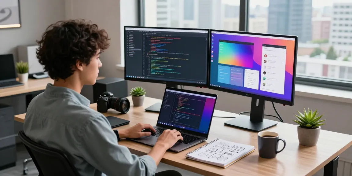 Motchill software development workspace with coding, vibrant app interfaces, and city skyline view.