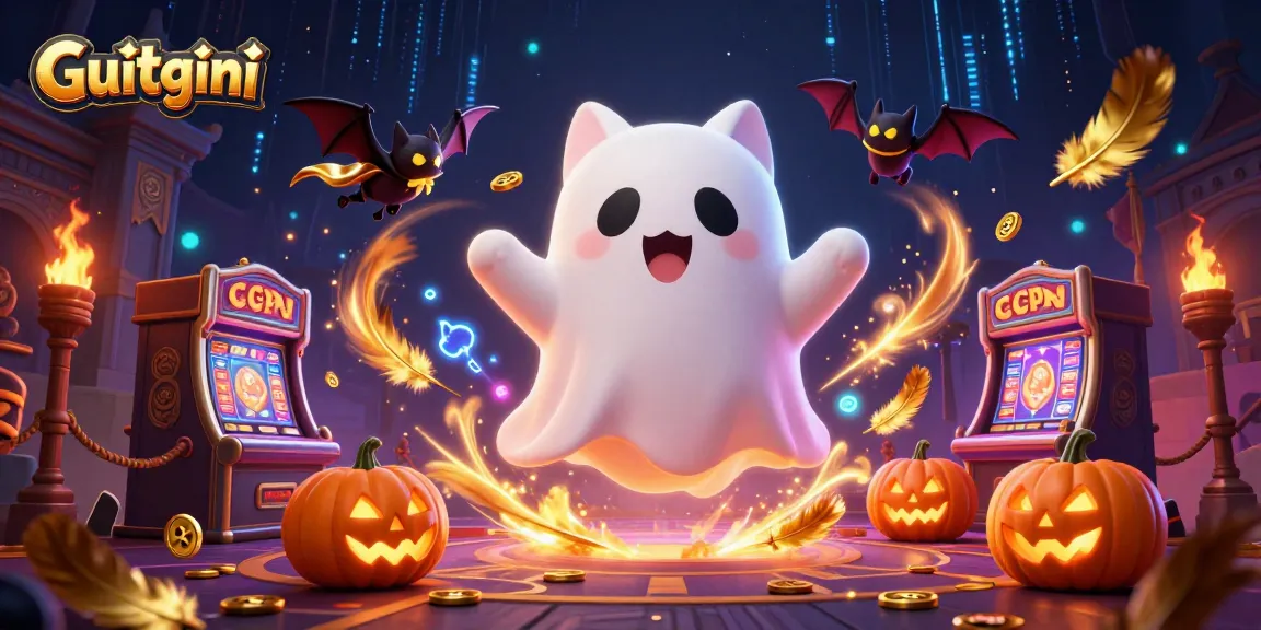 Spin and win with Guitgini's vibrant casino ghost cat experience amid glowing jack-o-lanterns.