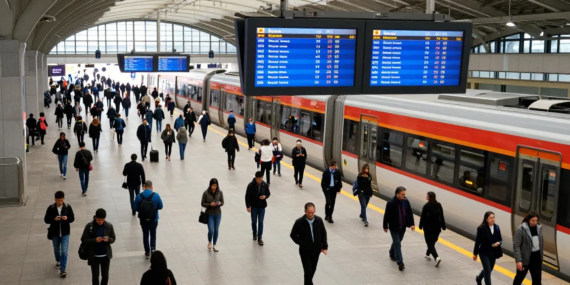 Commuters navigating a train station amid transport delays and digital information displays.