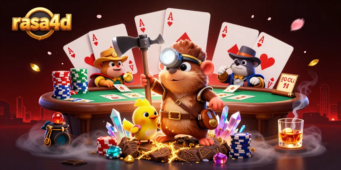 Rasa4d menangkap keseruan permainan dengan karakter tambang dan meja poker penuh chip.