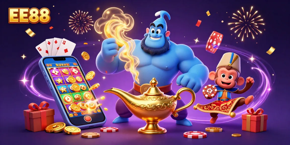 Experience EE88's enchanting gaming world with a blue genie and Aladdin monkey amid vibrant casino elements.