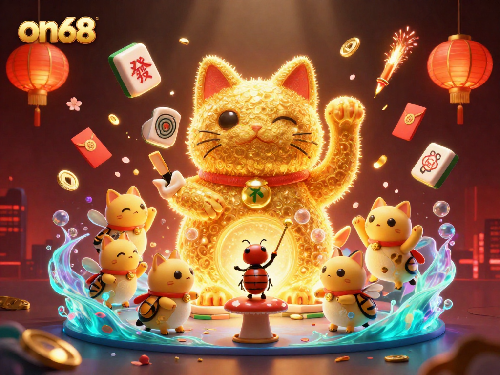 Experience on68 through a vibrant 3D illustration of a lucky cat surrounded by casino symbols.