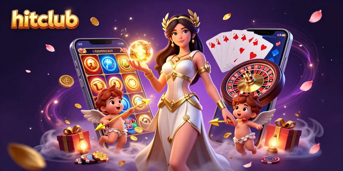 Hitclub offers enticing gaming experiences as a goddess holds a golden orb amid vibrant gaming elements.