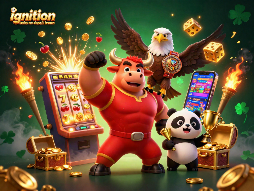 Win big with Ignition Casino no deposit bonus, as a bull, eagle, and panda celebrate in a vibrant, energetic scene.