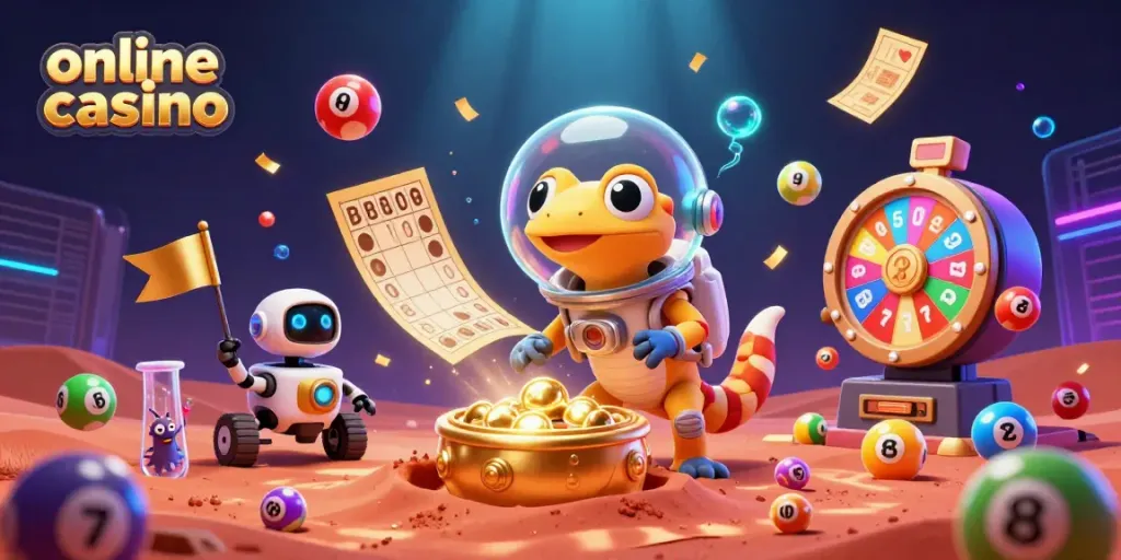 Martian gecko explores a golden casino on Mars in a vibrant online casino scene.