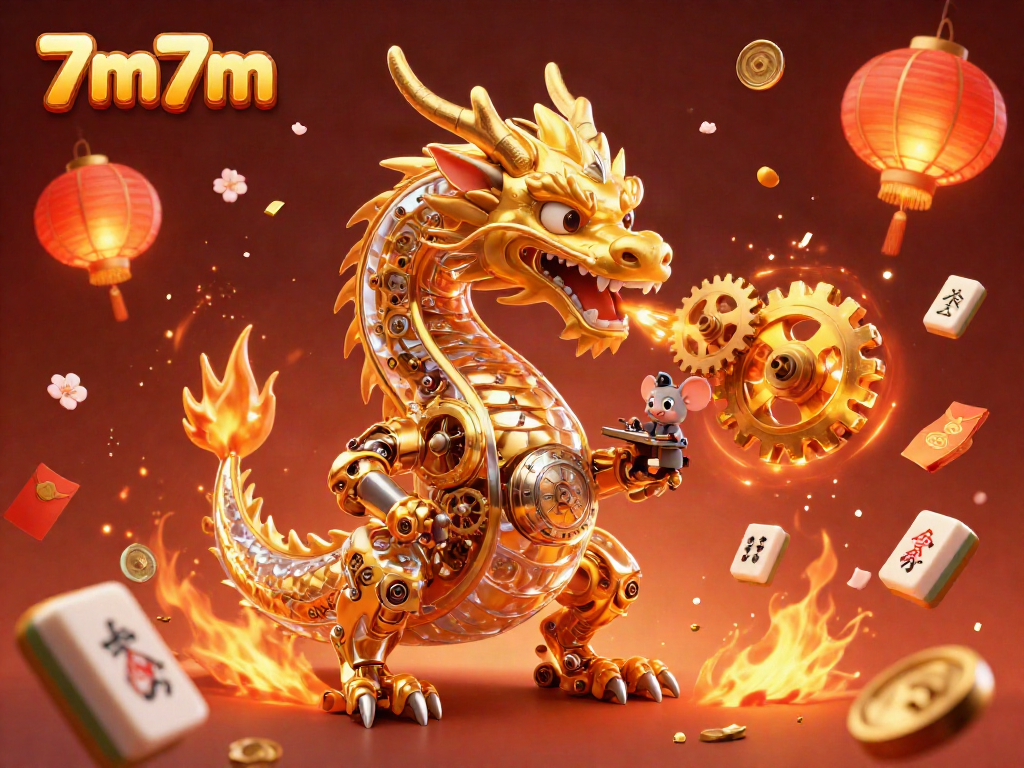 Engage with 7m7m through a stunning depiction of a golden dragon amidst gambling elements in a vibrant illustration.