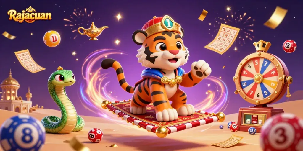 Rajacuan platform showcases vibrant lottery and gaming excitement with a 3D sultan and genie.