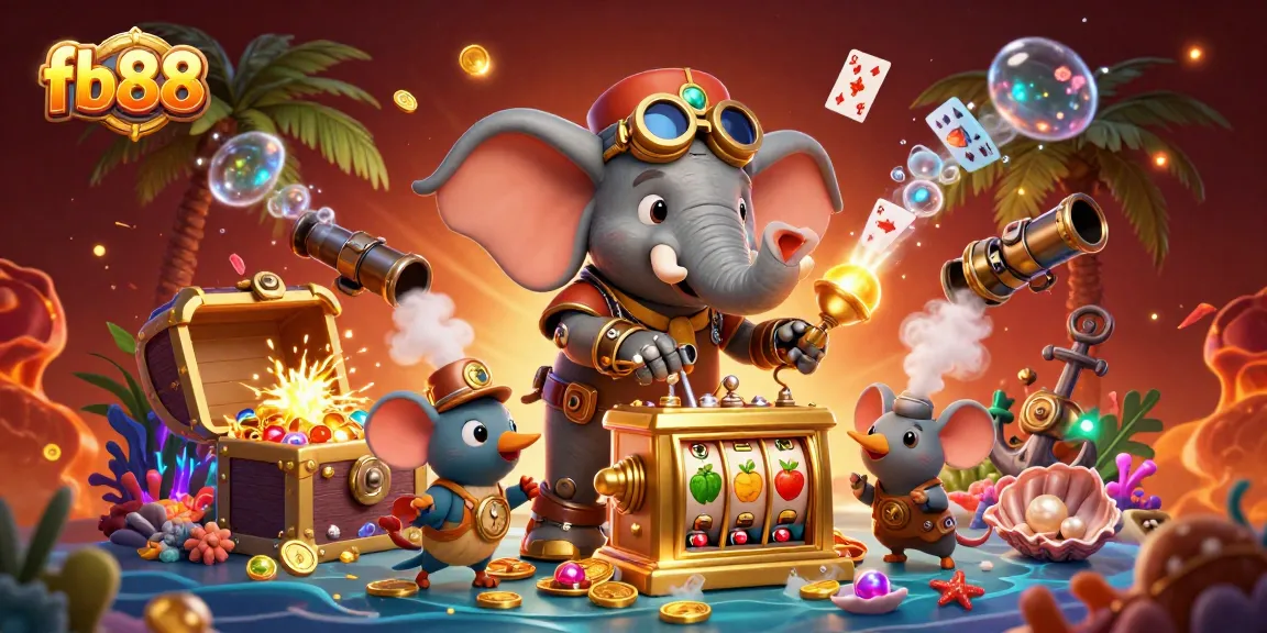 Engage in thrilling gameplay at fb88, featuring a steampunk elephant engineer with dazzling slot machinery.