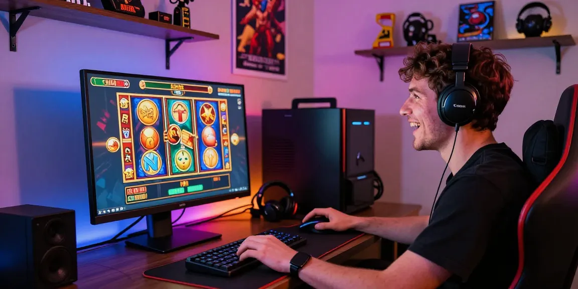Enthusiastic player at a slot terpercaya online game, showing vibrant gaming accessories and colorful slot reels