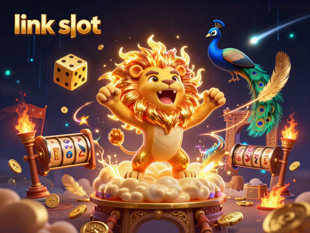 Experience thrilling gameplay with link slot, featuring a vibrant sun lion surrounded by jackpot elements.