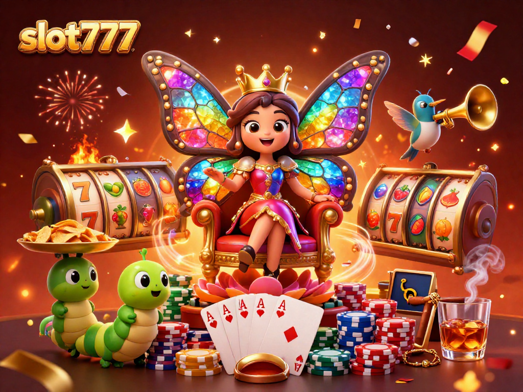 Experience the thrill of slot777 with a vibrant 3D illustration celebrating casino excitement and jackpots.