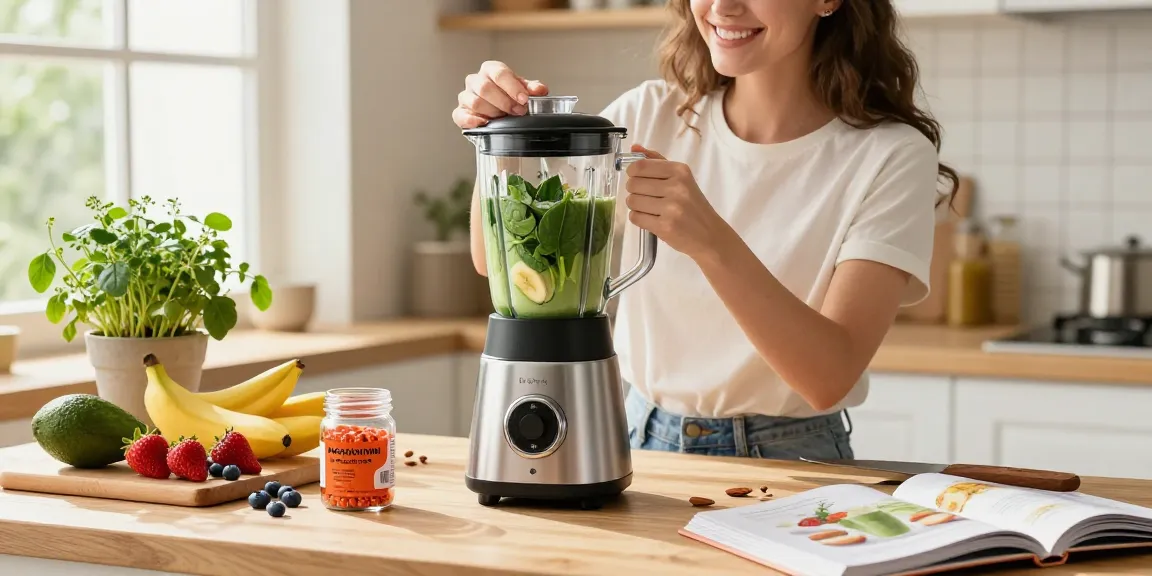Vegan astaxanthin smoothie preparation in a bright kitchen with fresh ingredients.