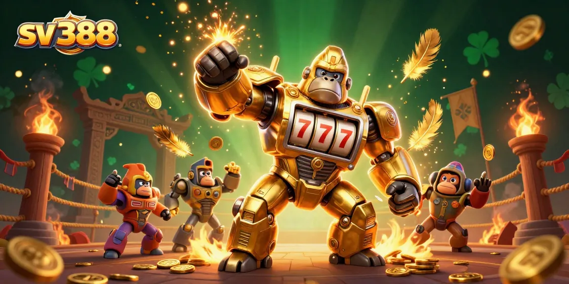 Engage in thrilling cockfighting action with sv 388, featuring a dynamic golden gorilla mech.